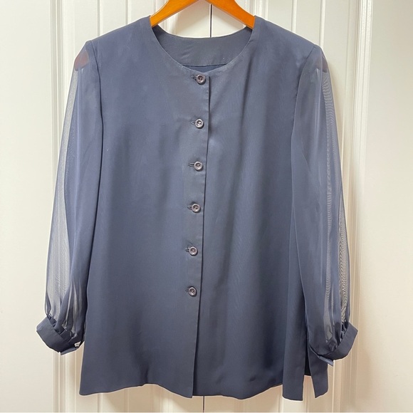 Vintage Button-Up Blouse with Sheer Sleeves Navy - M - Picture 5 of 11